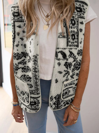 Sarah Express Women's Sherpa Paisley Print Pocketed Western Fashion Vest Jacket White