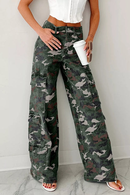 Sarah Express Women's Camo Print High Waist Cargo Pants Green Camouflage