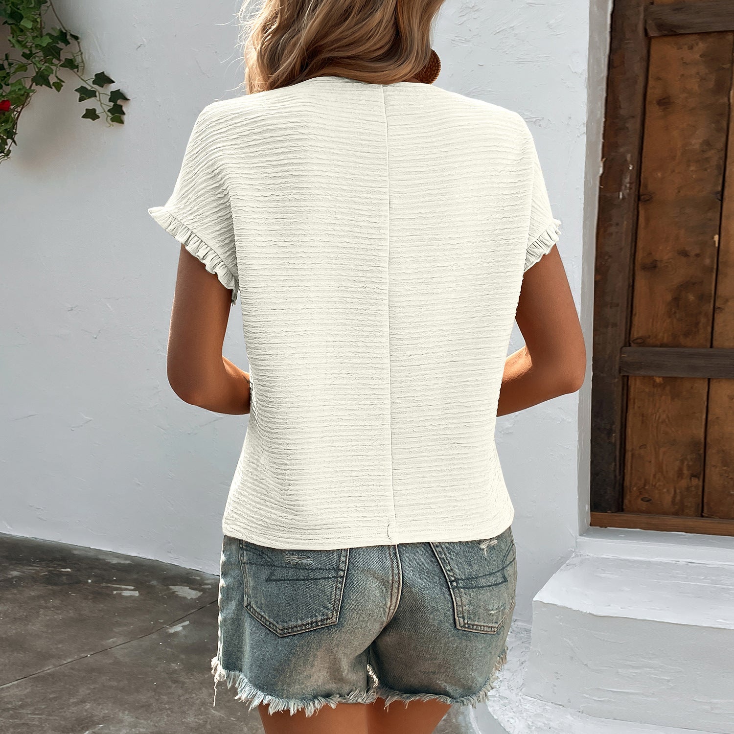 Sarah Express Women's Ruffle Sleeve Knit Top Round Neck Short Sleeve