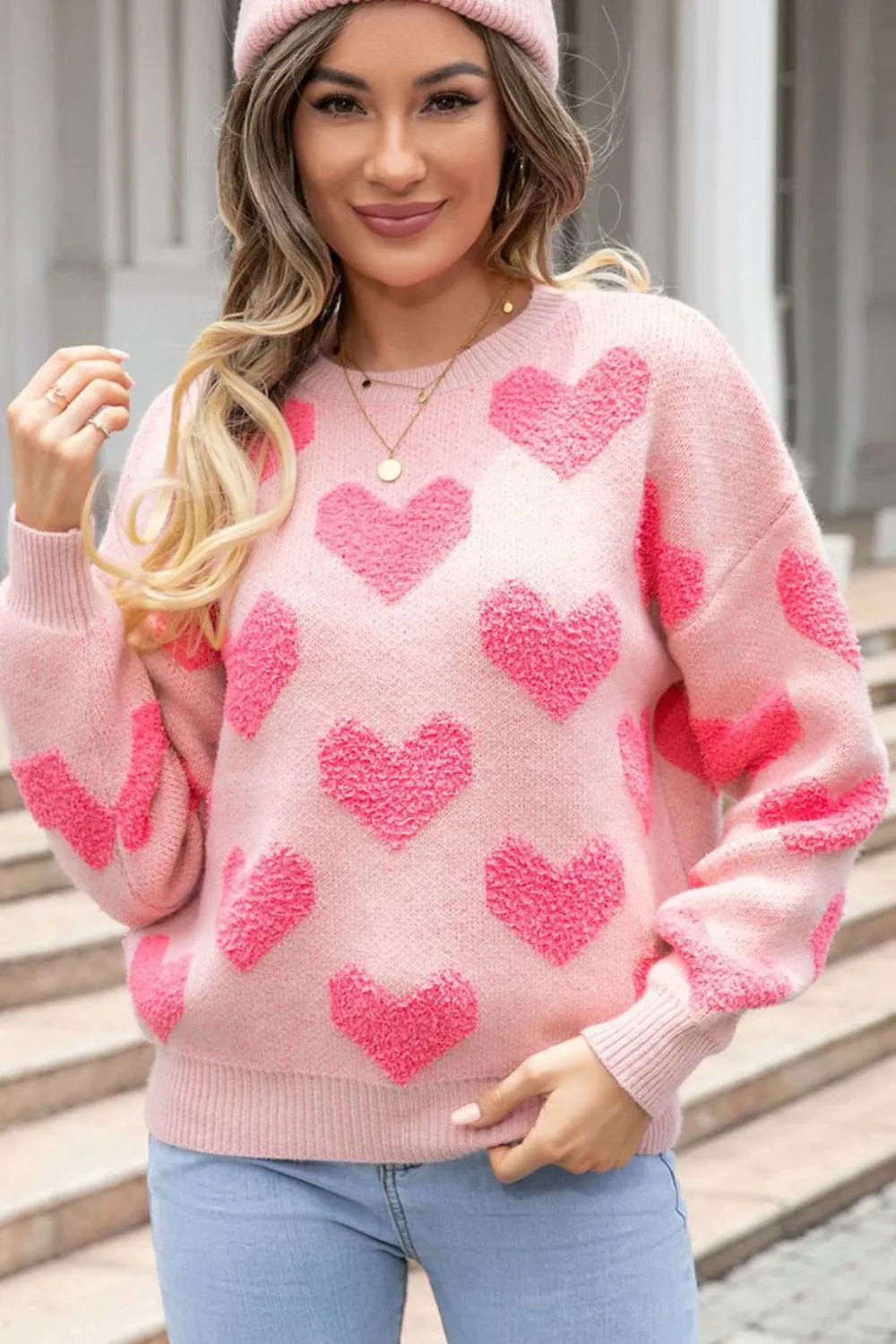 Sarah Express Women's Valentine's Day Heart Jacquard Round Neck Sweater