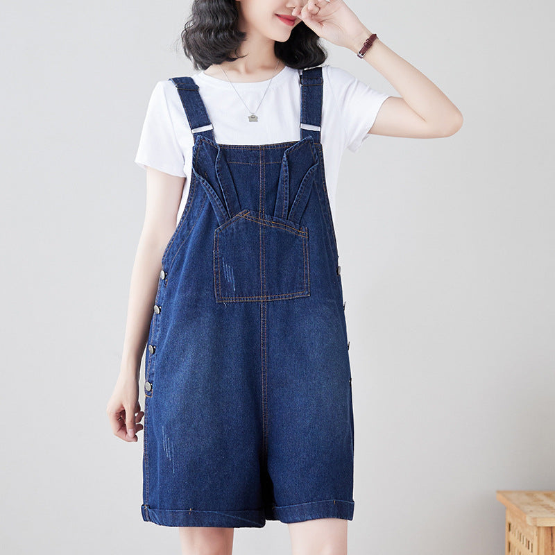 Sarah Express Denim Overalls Loose Straight Leg High Waist Suspender Pants