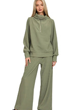 Sarah Express Women’s Ribbed High Neck Half Zip Lounge Set with Palazzo Pants