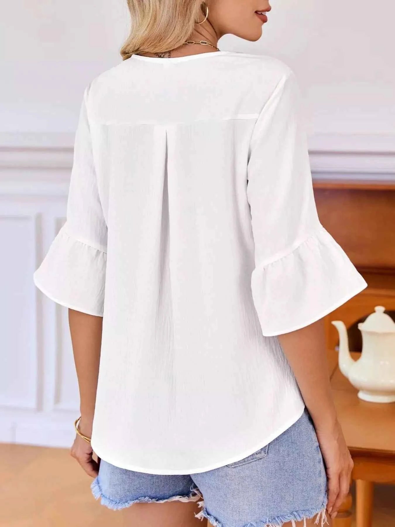 Sarah Express Women's Ruffled Flounce Sleeve Blouse - Elegant Polyester Top
