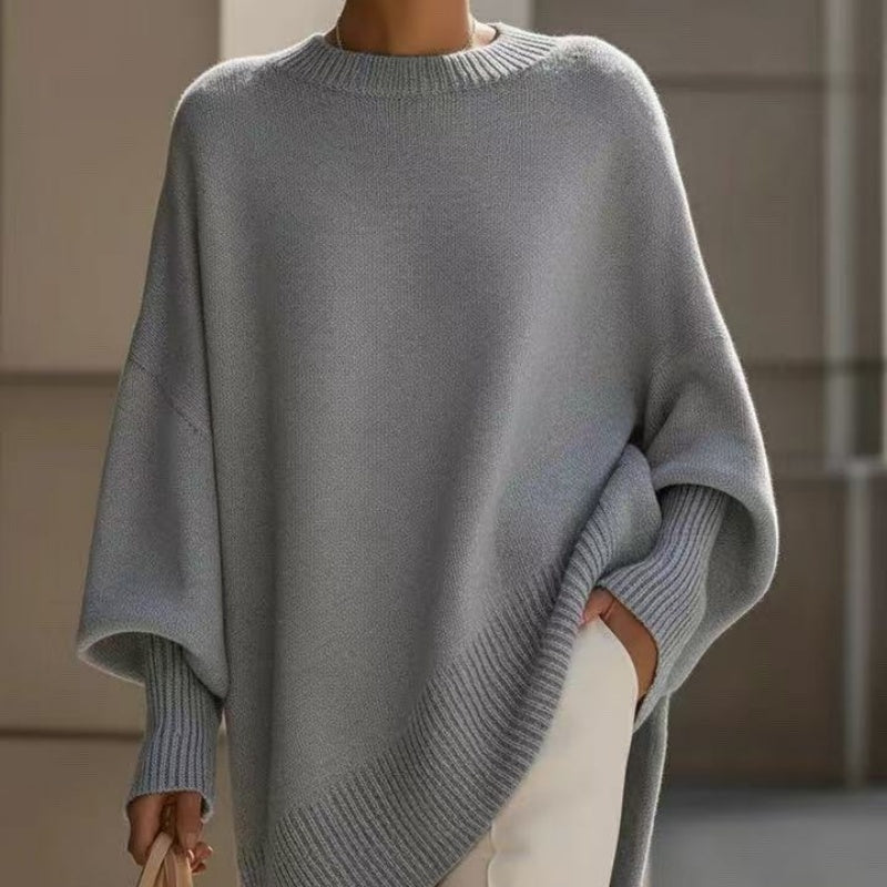 Sarah Express Women's Oversized Knit Sweater - Chunky Round Neck Pullover Light Gray