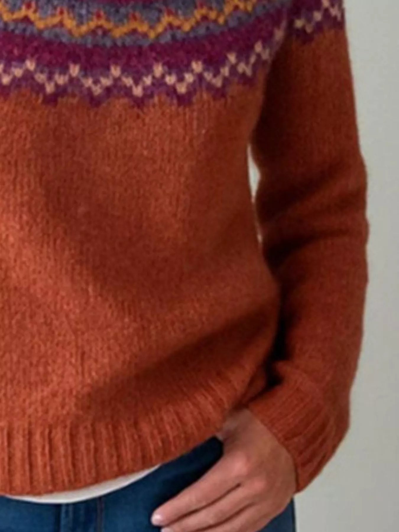 Sarah Express Women's Vintage Patterned Round Neck Sweater Plus Size