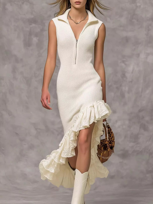 Sarah Express Women's Asymmetrical Ruffle Hem Sleeveless Knit Dress - Elegant Zipper Detail Apricot