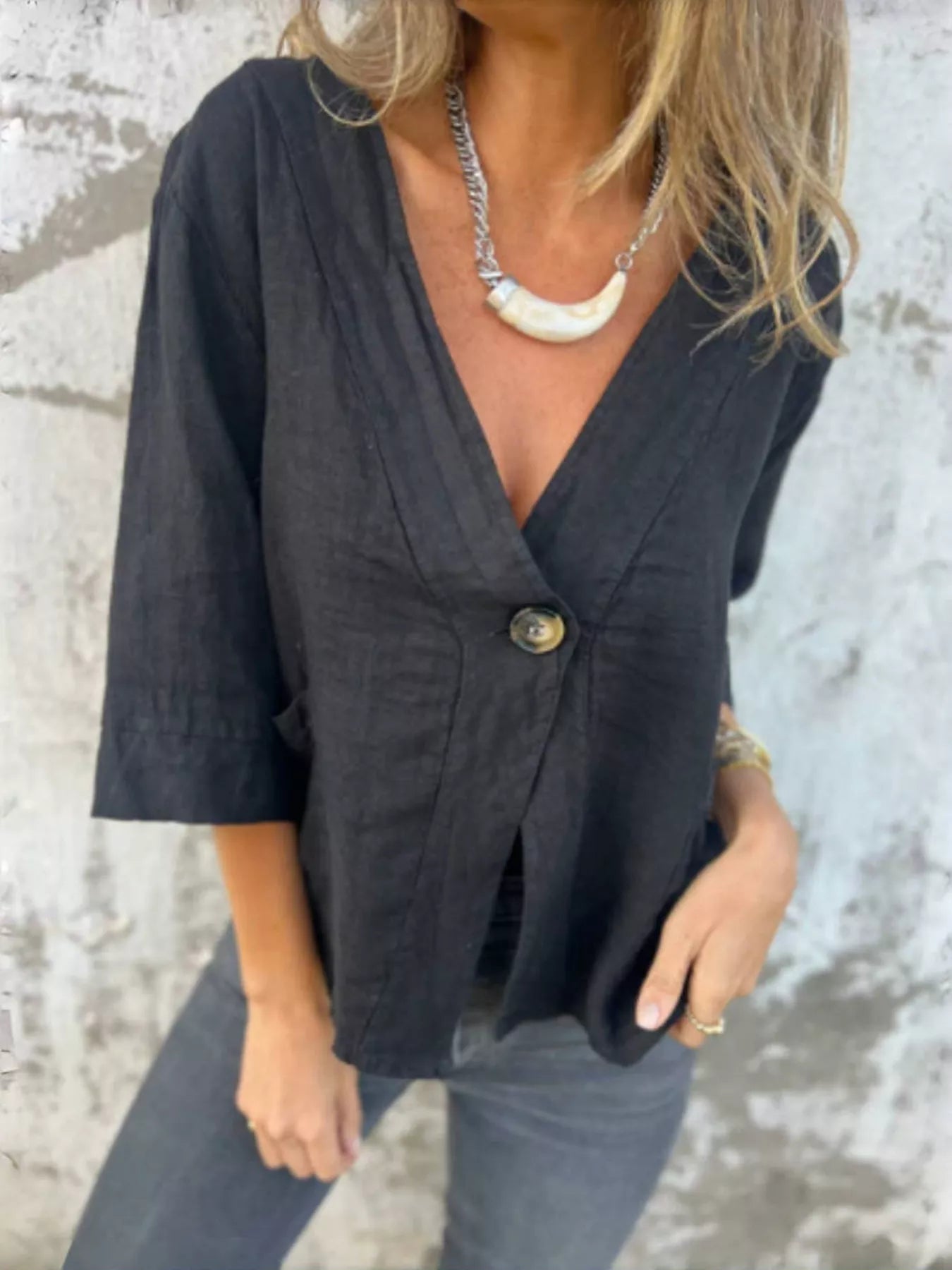 Sarah Express Women's One Button V-Neck Shirt Plus Size Black