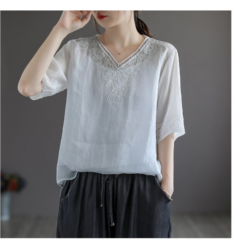 Sarah Express Women's Embroidered Cotton Linen V-Neck T-Shirt Ethnic Retro Style Short Sleeve