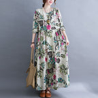 Sarah Express Women's Plus Size Printed Maxi Dress Long Sleeve Cotton Blend Literary Sweet Style