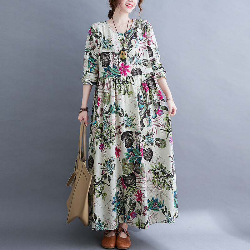Sarah Express Women's Plus Size Printed Maxi Dress Long Sleeve Cotton Blend Literary Sweet Style