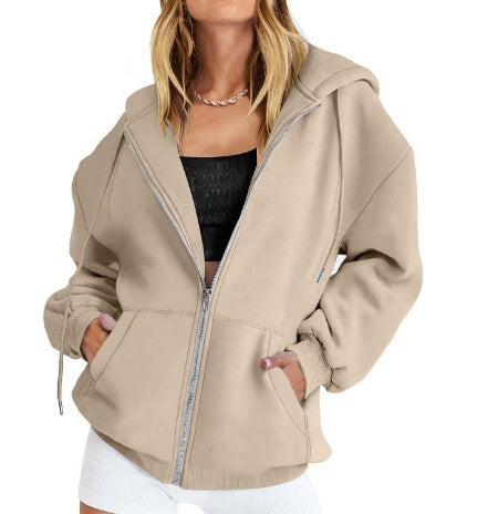 Sarah Express Women's Zip Up Hoodie Solid Color Drawstring Sweatshirt Casual Long Sleeve Fall Winter Top