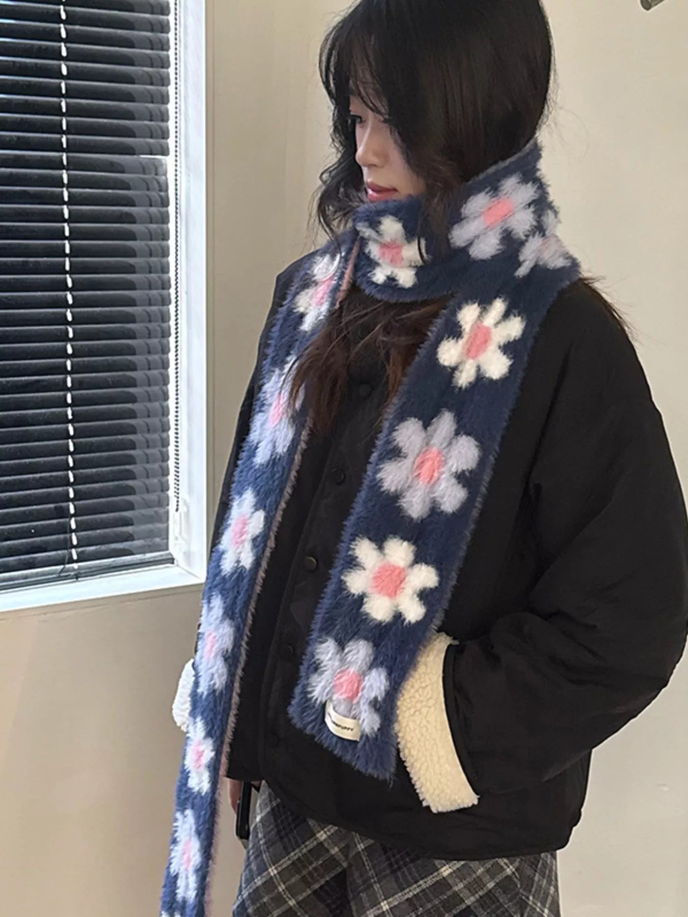 Sarah Express Women's Floral Fuzzy Knit Scarf - Soft Faux Mink Winter Scarf