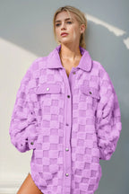 Sarah Express Women's Fuzzy Checkered Button-Up Shacket Pocketed Fall Winter Casual Layering Jacket