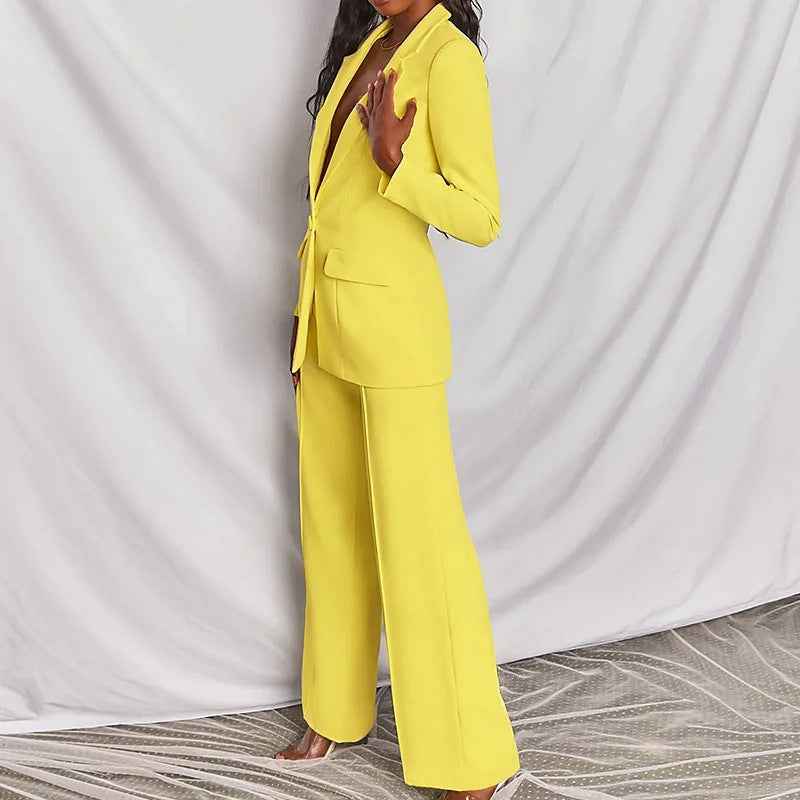 Sarah Express Women's Two Piece Blazer Suit Set - Lapel Button Down Jacket & Straight Leg Pants Yellow XS
