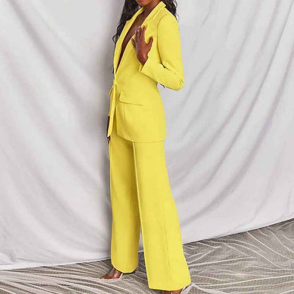 Sarah Express Women's Two Piece Blazer Suit Set - Lapel Button Down Jacket & Straight Leg Pants Yellow XS