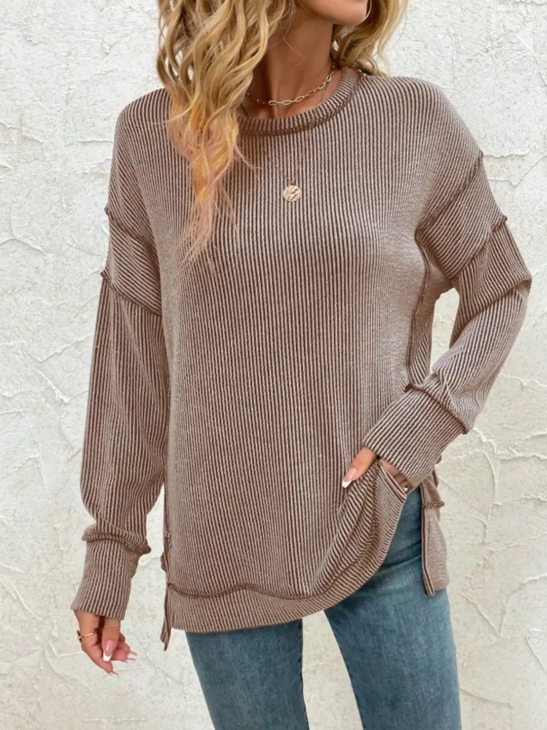 Sarah Express Women's Side Slit Round Neck Sweatshirt Taupe