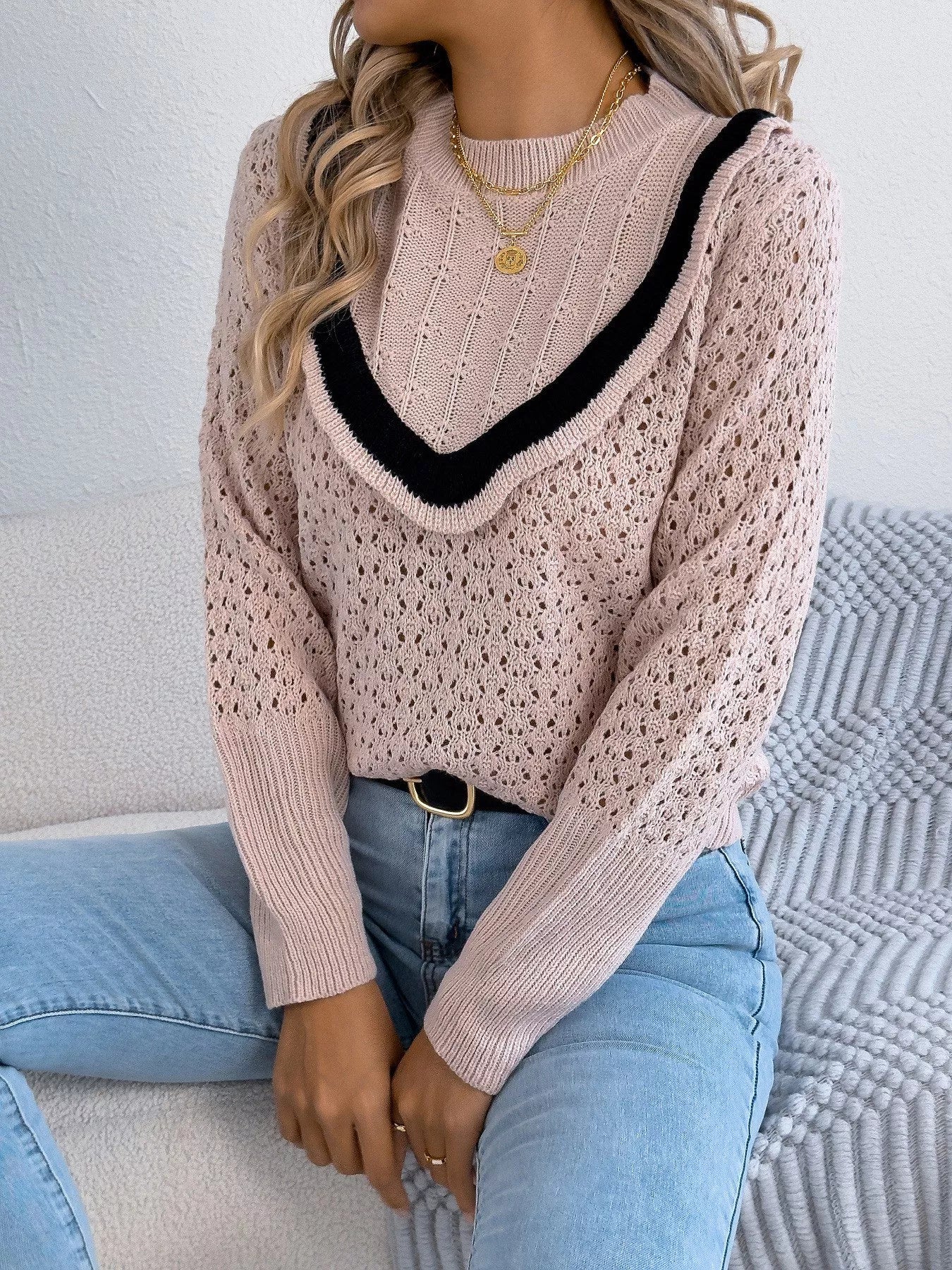 Sarah Express Women's Hollow-Out Knit Top with Contrast Trim Pink