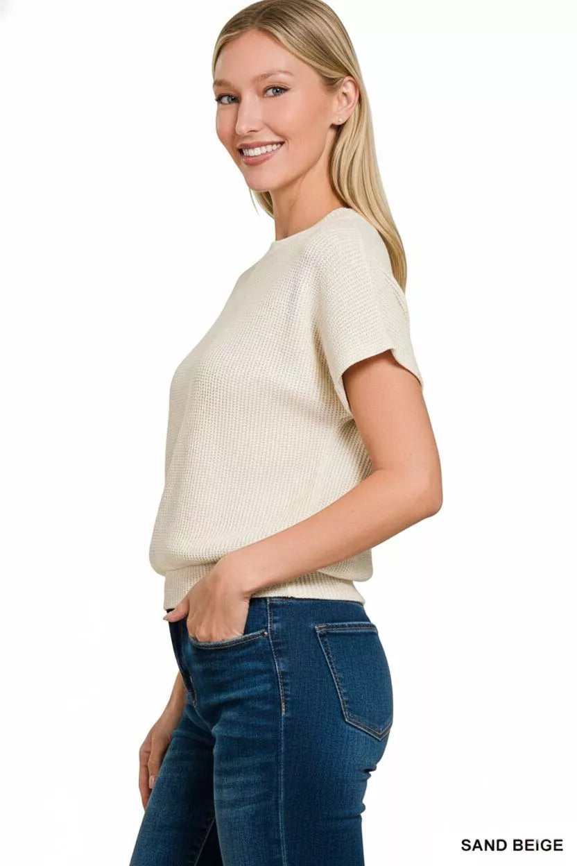 Sarah Express Women's Round Neck Banded Button Short Sleeve Sweater - Ribbed Knit Top