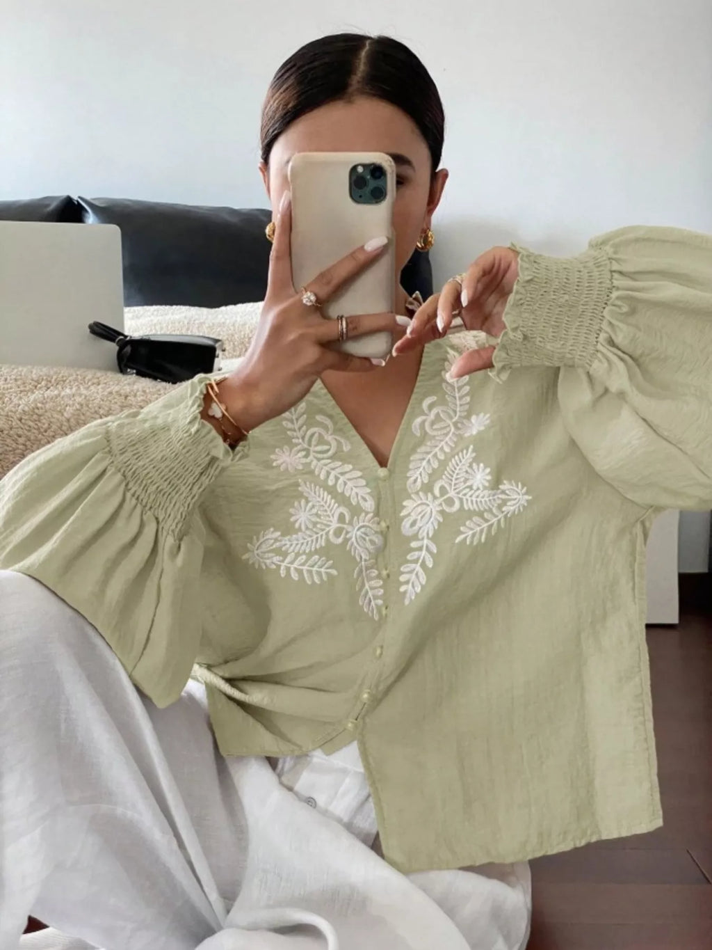 Sarah Express Women's Embroidered Long Sleeve Blouse