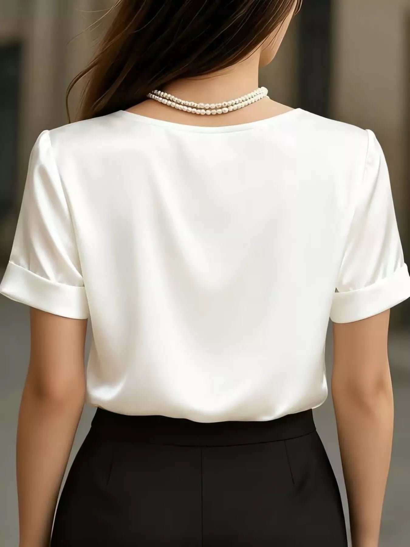 Sarah Express Women's V-Neck Short Sleeve Satin Blouse