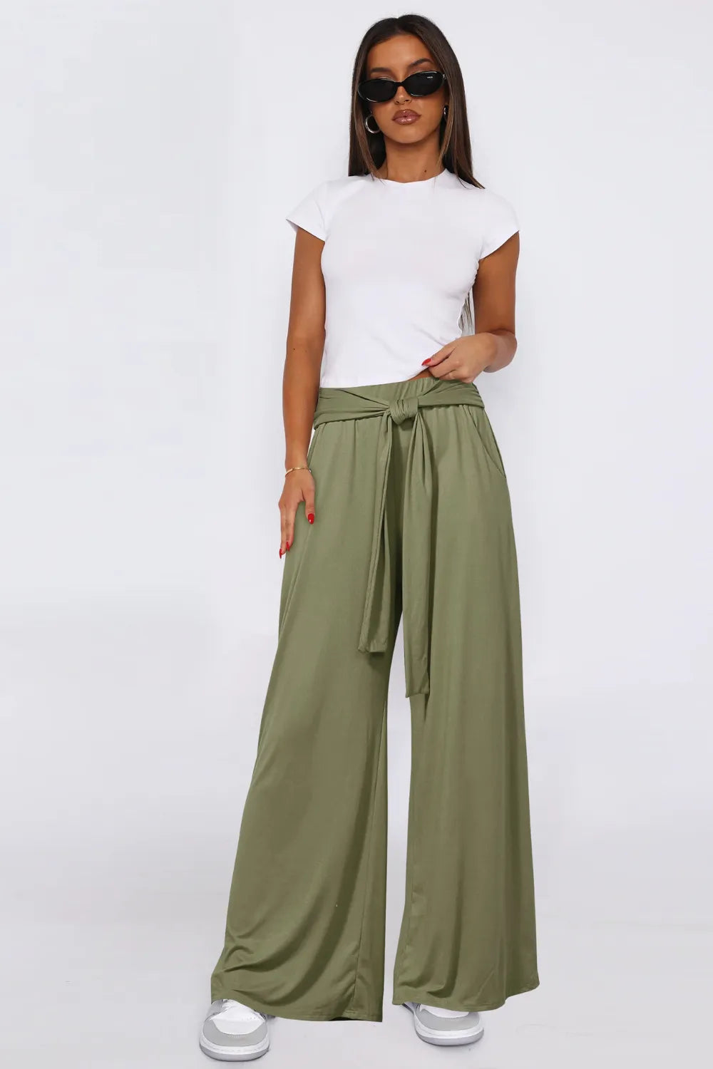 Sarah Express Women's Tied Wide Leg Pants with Pockets Moss