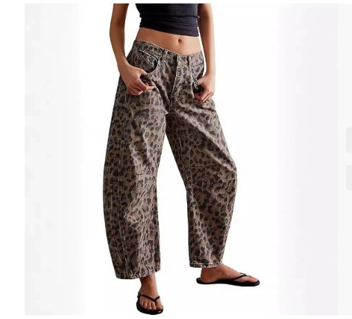 Sarah Express Women's High Stretch Wide Leg Barrel Jeans - Mid Rise Casual Baggy Denim Pants Leopard print 3