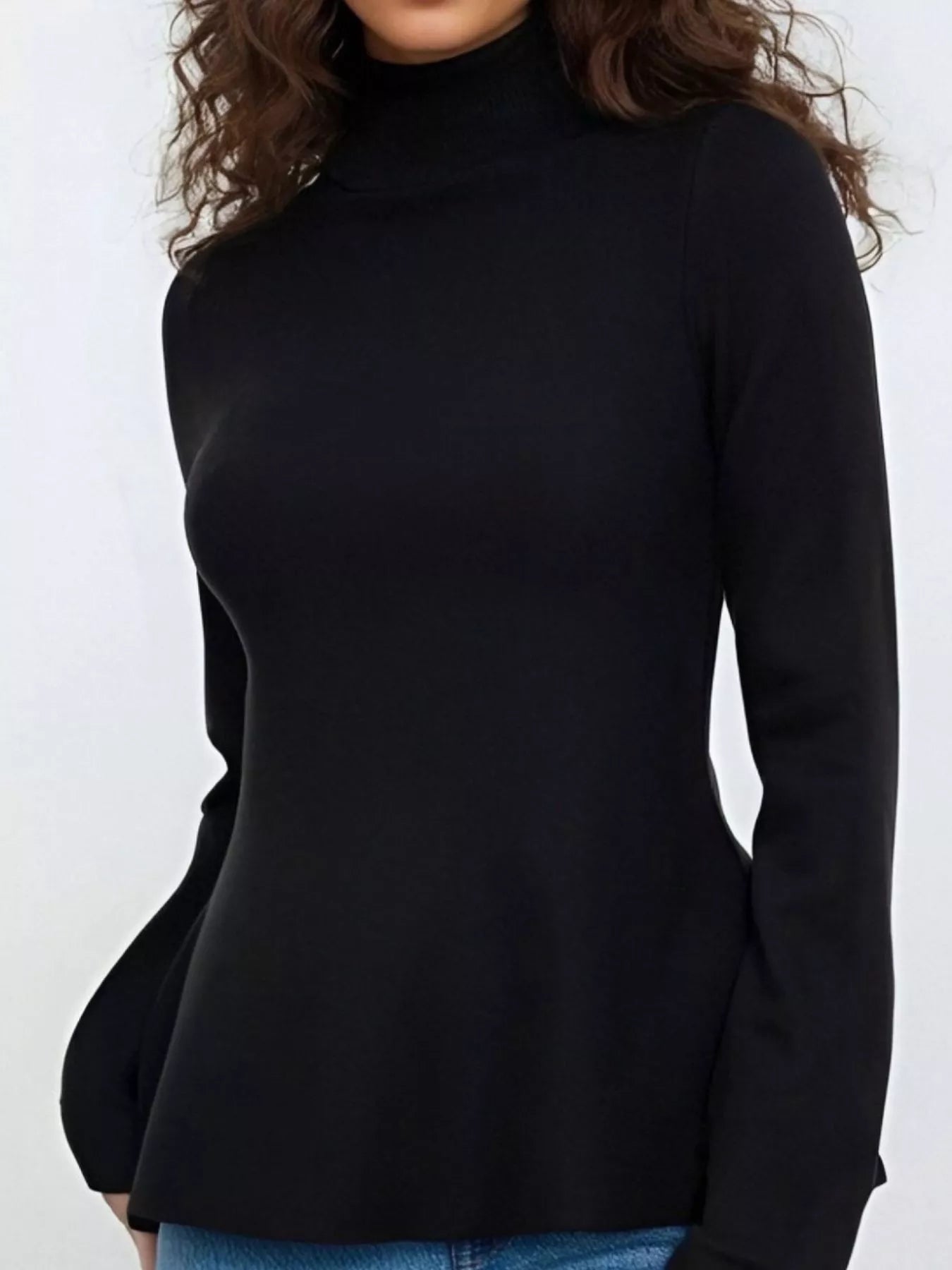 Sarah Express Women's Mock Neck Long Sleeve Peplum Sweater Black