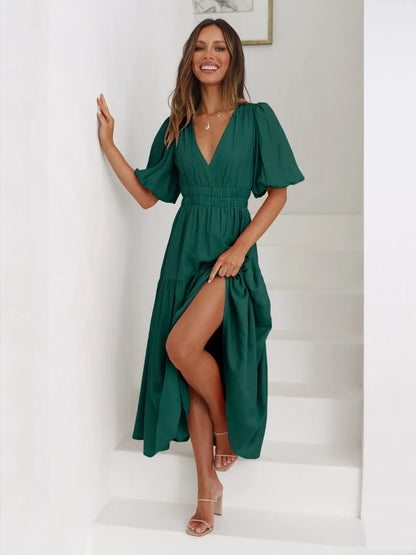 Sarah Express Women's Tiered Surplice Half Sleeve Midi Dress Dark Green