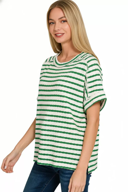 Sarah Express Women's Stripe Jacquard Round Neck Tee