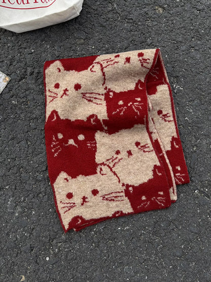 Sarah Express Women's Cute Cat Pattern Knitted Scarf Red ONESIZE