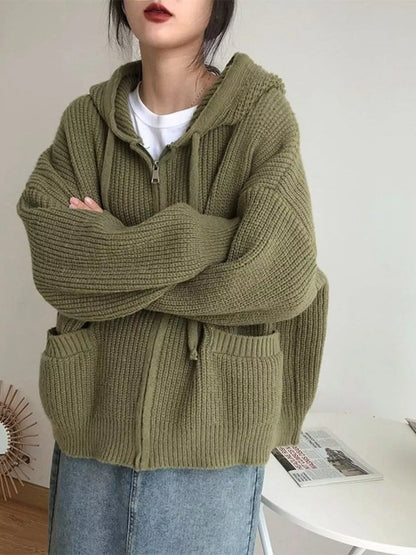 Sarah Express Women's Casual Knitted Zip-Up Hooded Cardigan