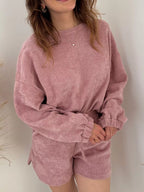 Sarah Express Women's Round Neck Dropped Shoulder Top and Drawstring Shorts Set