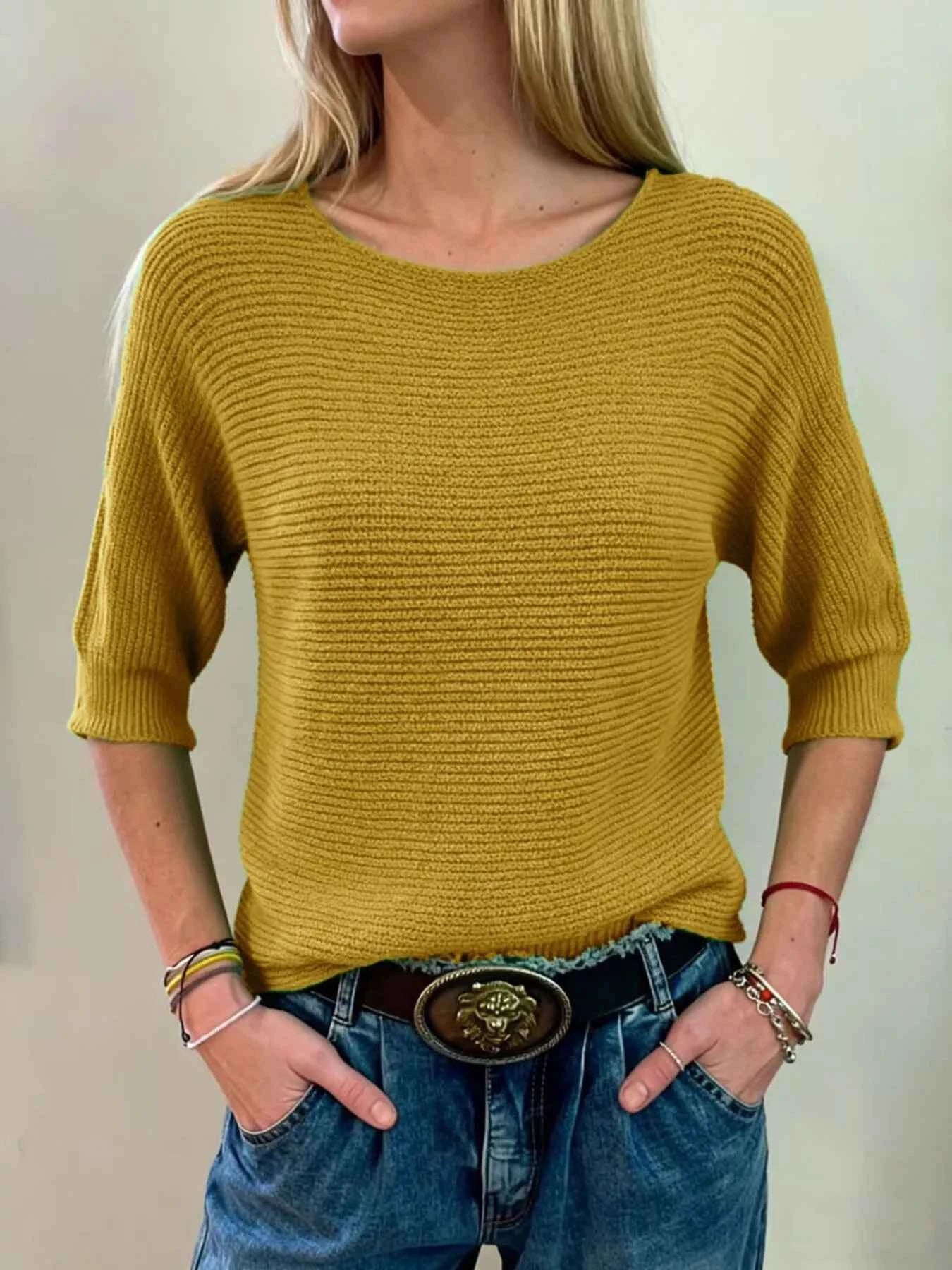 Sarah Express Women's Ribbed Knit Round Neck Sweater - Plus Size Available Yellow