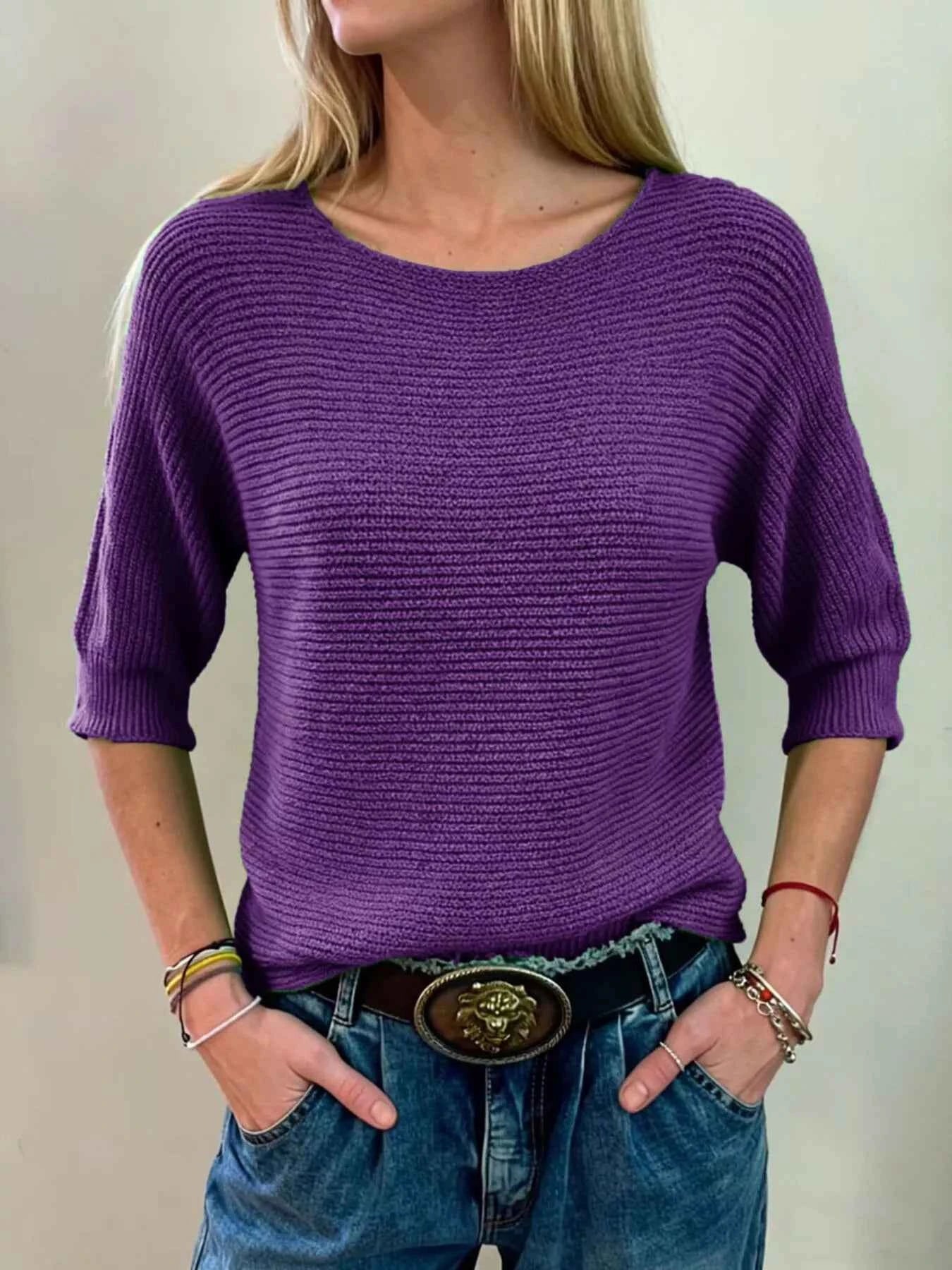 Sarah Express Women's Ribbed Knit Round Neck Sweater - Plus Size Available Purple