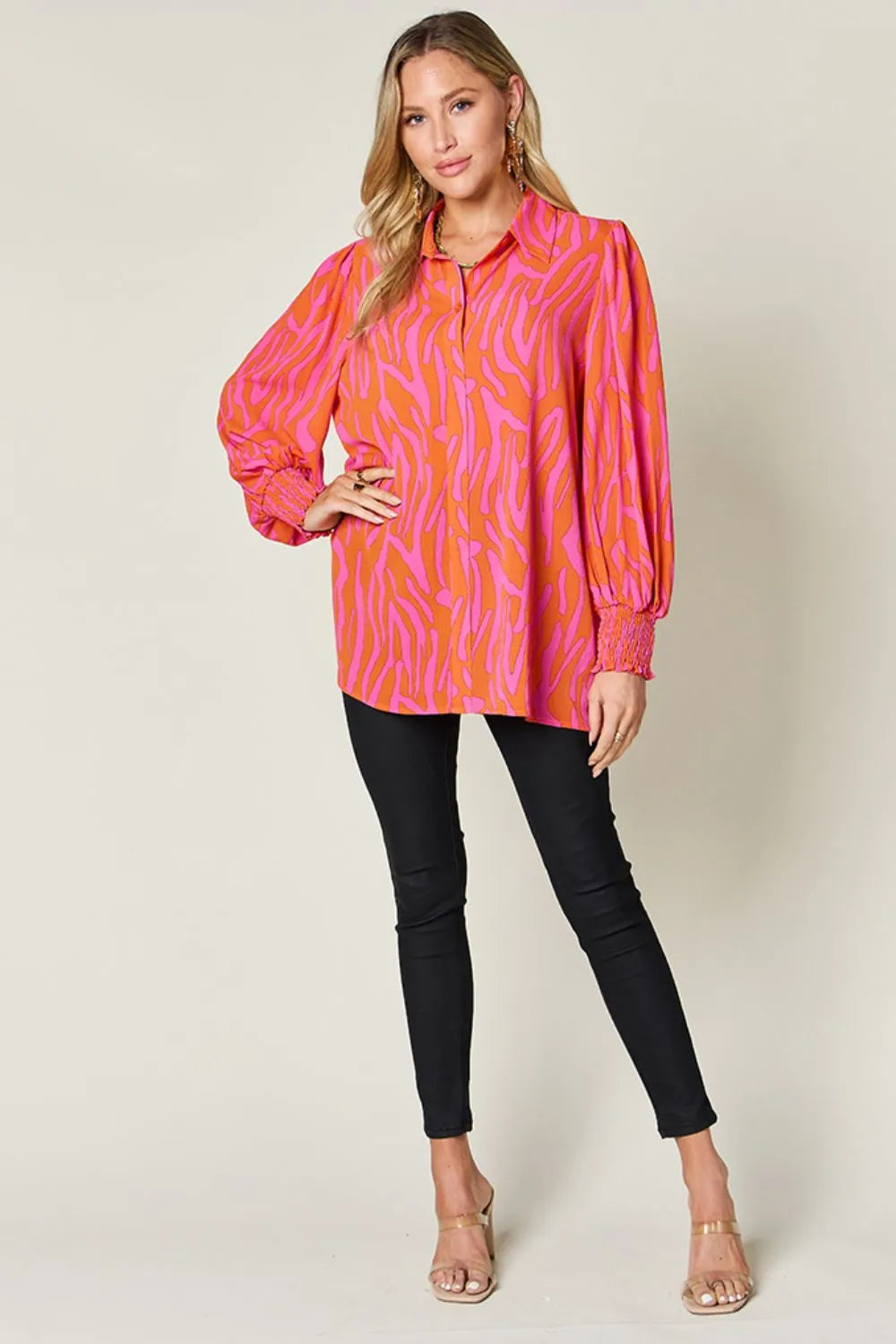 Sarah Express Women's Printed Smocked Long Sleeve Blouse Plus Size