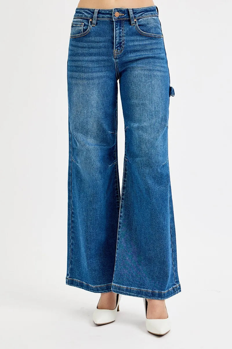 Sarah Express Women’s Plus Size High Rise Wide Leg Jeans with Patch Detail