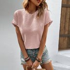 Sarah Express Women's Ruffle Sleeve Knit Top Round Neck Short Sleeve