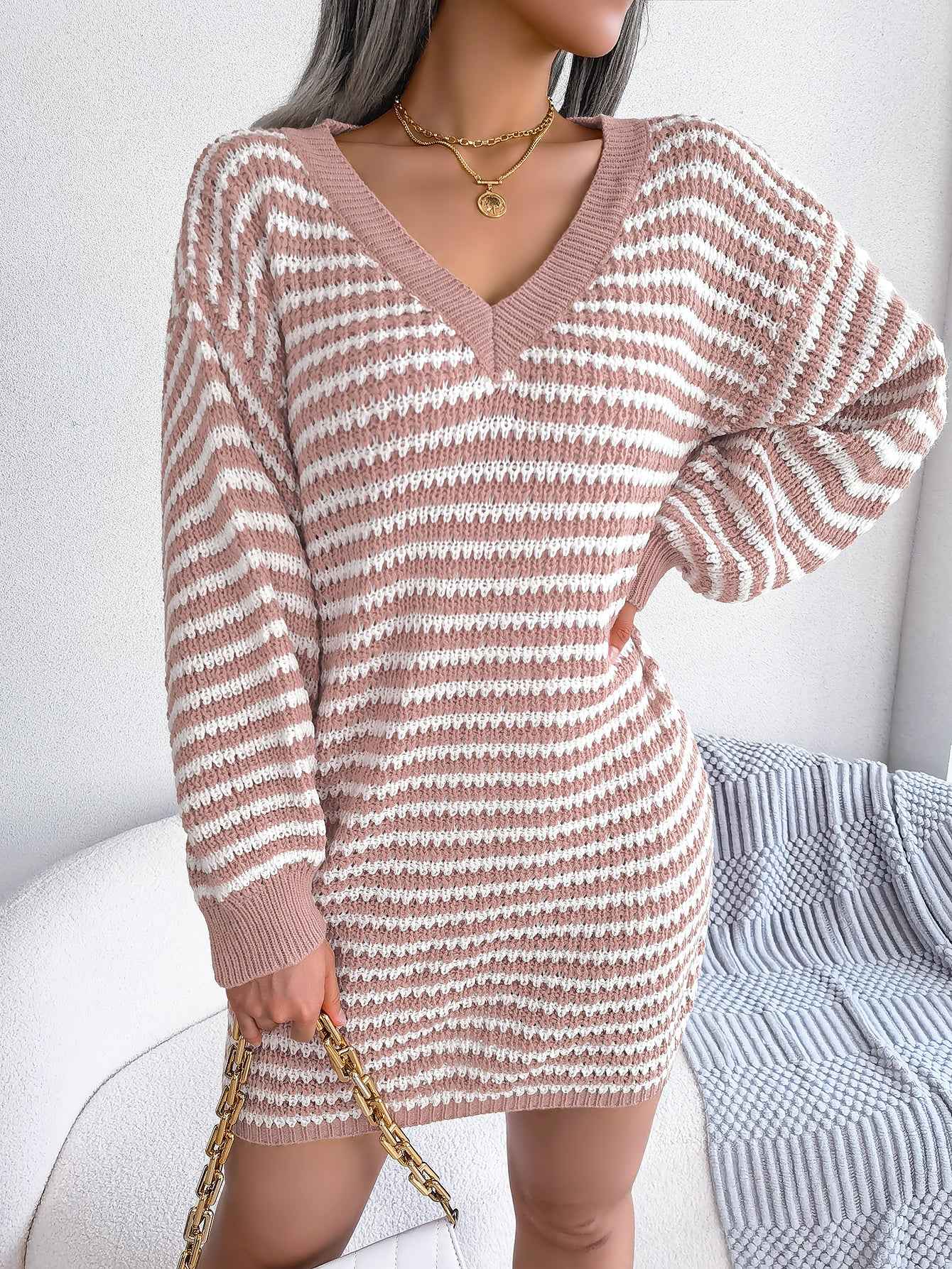 Sarah Express Women's Striped Lace-Up Knitted Dress - Long Sleeve Ribbed Sweater Dress