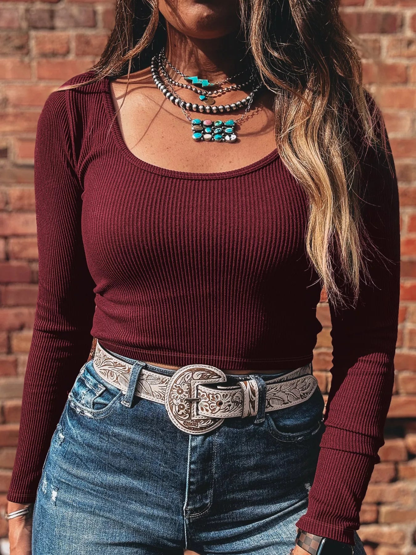 Sarah Express Women's Ribbed Knit Long Sleeve Fitted T-Shirt