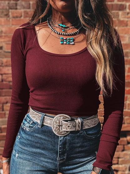 Sarah Express Women's Ribbed Knit Long Sleeve Fitted T-Shirt