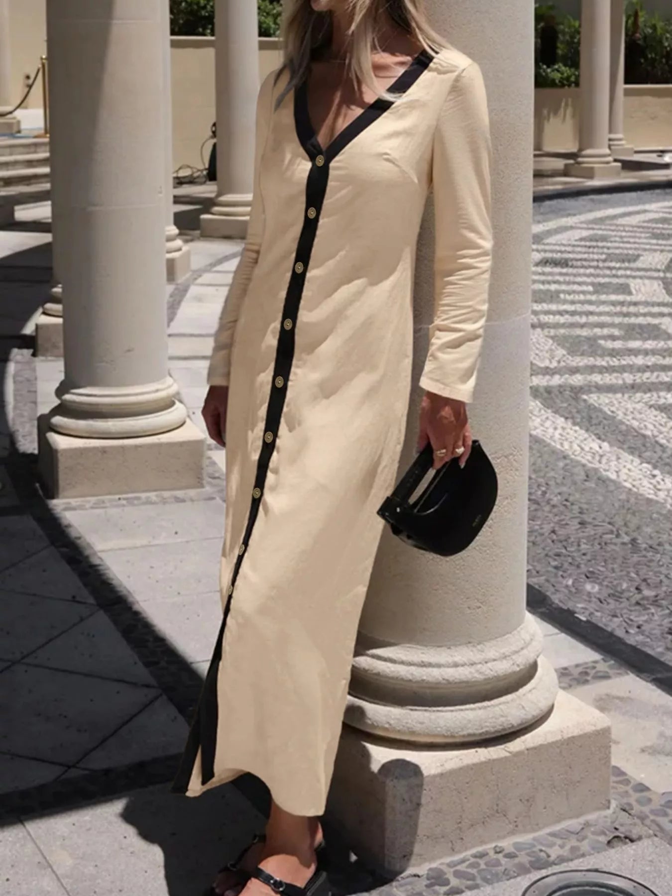 Sarah Express Women's Contrast Trim Button-Down Midi Dress