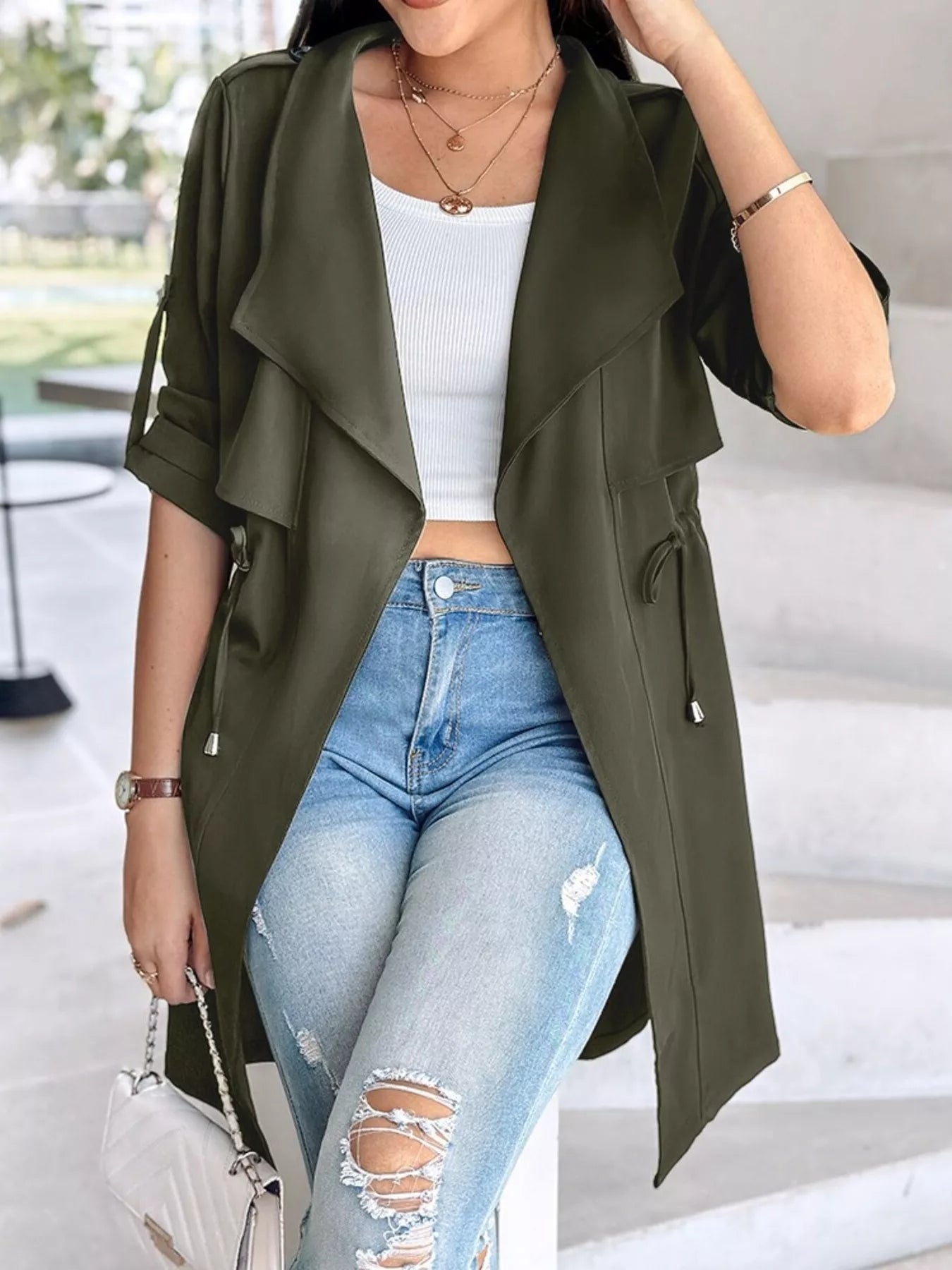 Sarah Express Women's Drape Collar Lightweight Trench Coat Army Green