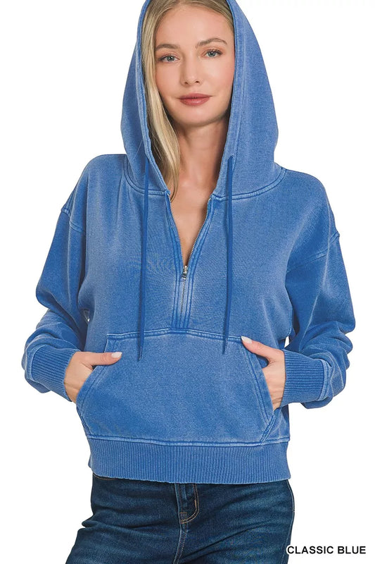 Sarah Express Women's Fleece Pigment Dye Half Zip Kangaroo Pocket Hoodie CLASSIC BLUE