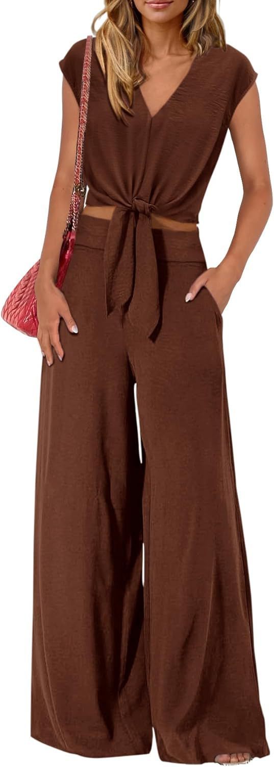 Sarah Express High Waist Wide Leg Pants Suit Two Piece Sleeveless Set