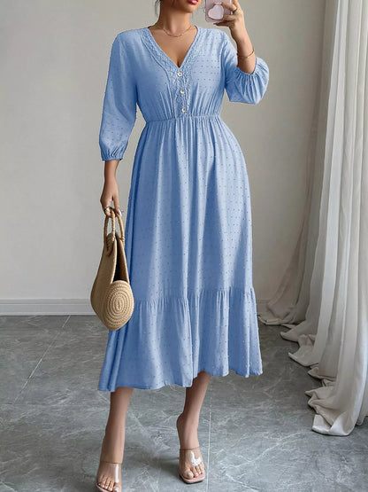 Sarah Express Women's Swiss Dot Ruffle Hem Midi Dress - Long Sleeve Ruched Dress Light Blue