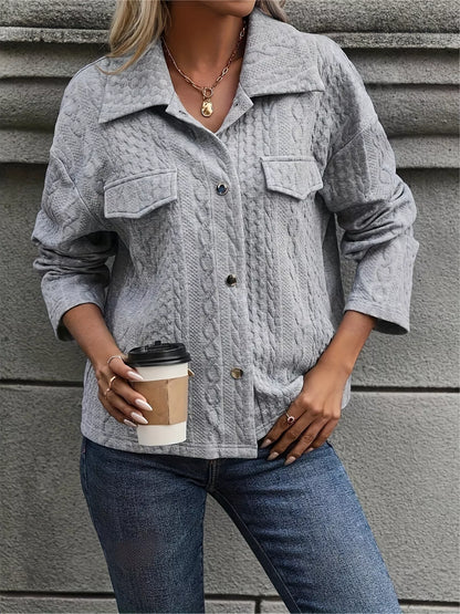 Sarah Express Women's Textured Cable Knit Button Up Cardigan Jacket with Pockets Gray