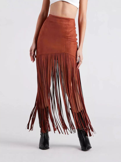 Sarah Express Women's Suede Fringe Skirt Zipper Western Boho Midi Skirt Brick Red