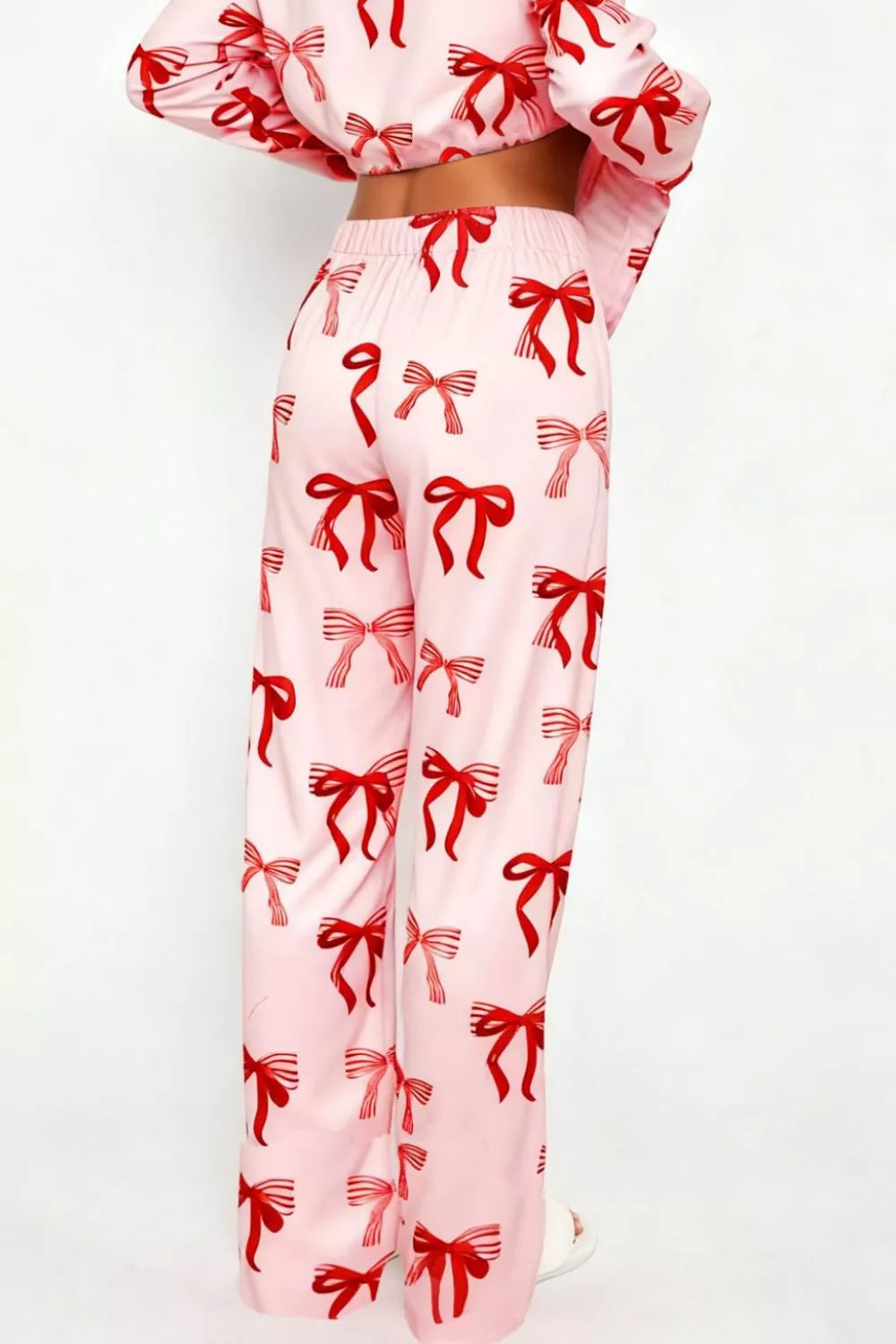 Sarah Express Women's Bow Print Lounge Set - Button-Up Top and Wide Leg Pants