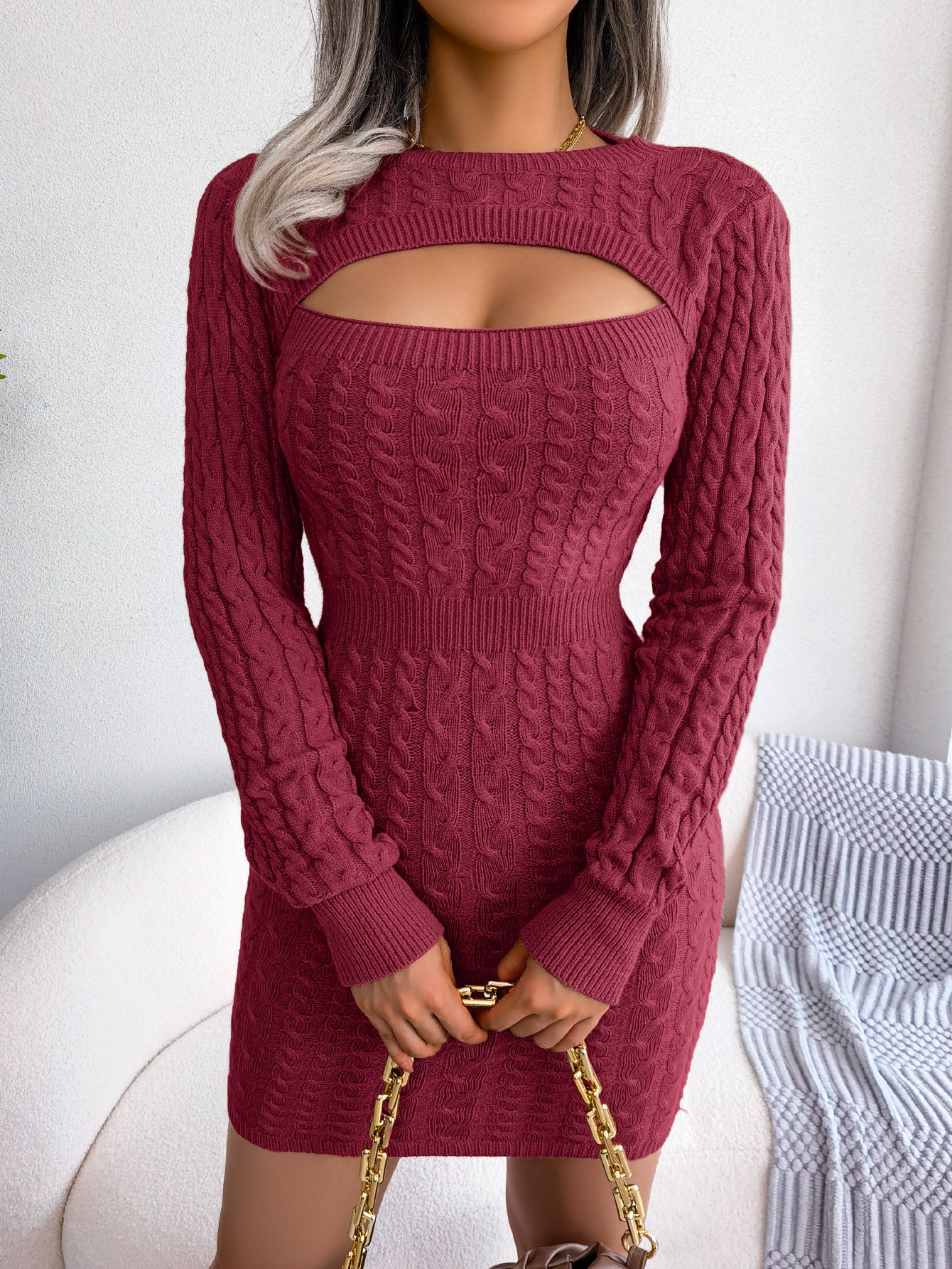 Sarah Express Women's Sexy Hollow Out Cable Knit Cinched Bodycon Sweater Dress Burgundy