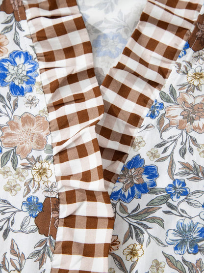 Sarah Express Women's Plaid Frilled Trim V Neck Floral Long Sleeve Blouse